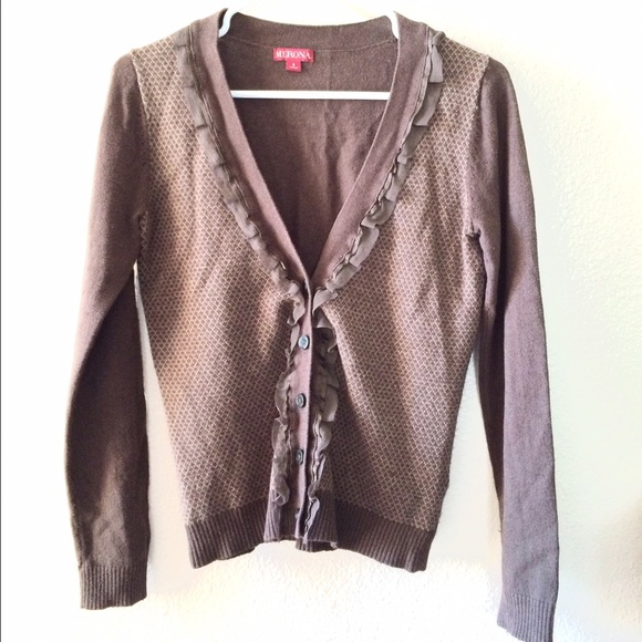 Merona Brown/olive green ruffle front cardigan - Picture 2 of 4