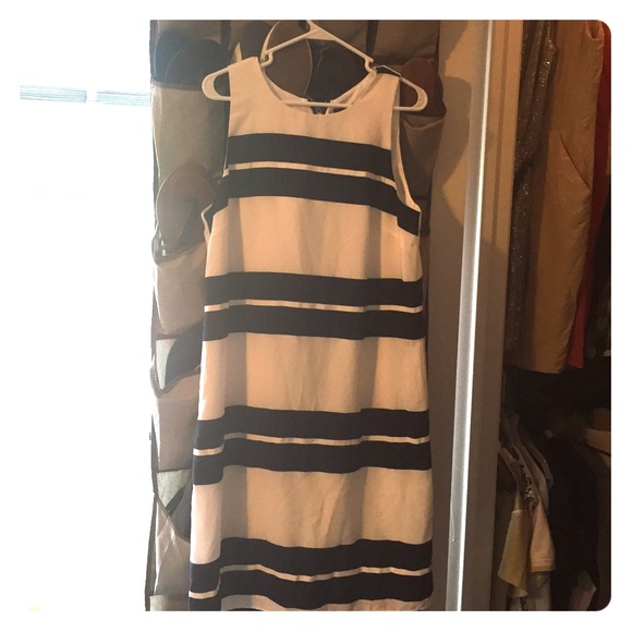 Navy blue and white sheath dress