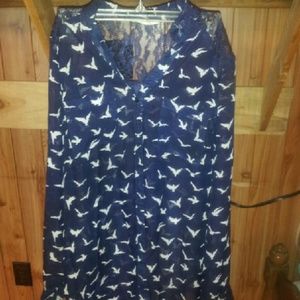 Blue chiffon see-through blouse lace