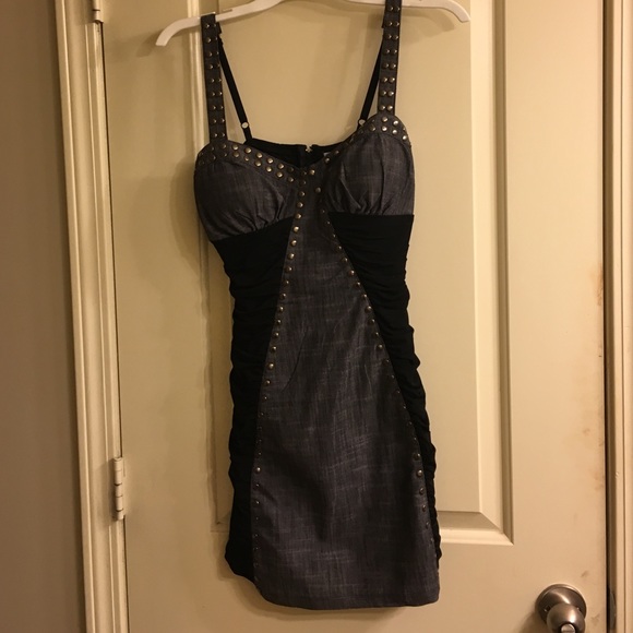 Soft denim and black studded mini dress