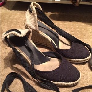 Black eyelet wedge espadrilles