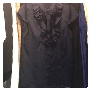 Navy blue short sleeves button up shirt w/Ruffles