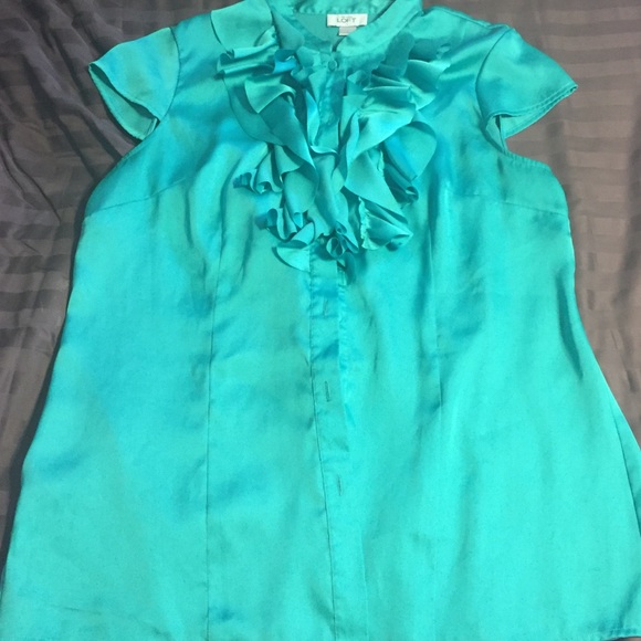Turquoise blue cap sleeved button up with Ruffles