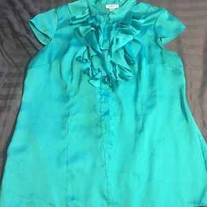 Turquoise blue cap sleeved button up with Ruffles
