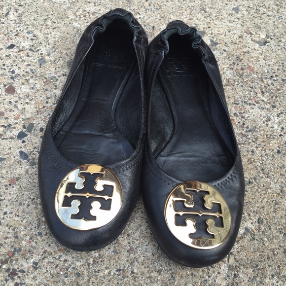 Tory Burch Reva Leather Flats Black Gold Emblem