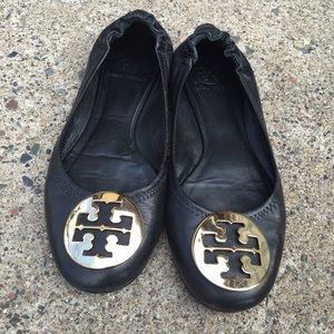 Tory Burch Reva Leather Flats Black Gold Emblem