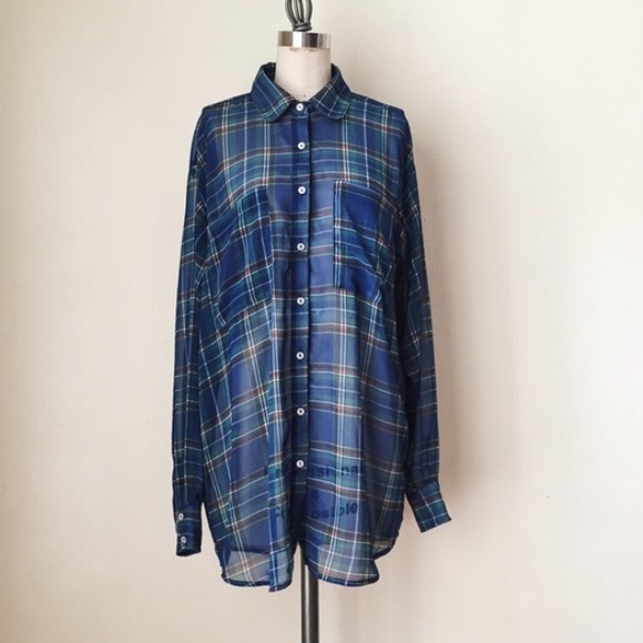 AA sheer blue plaid chiffon shirt