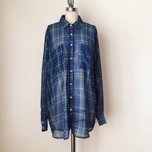 AA sheer blue plaid chiffon shirt