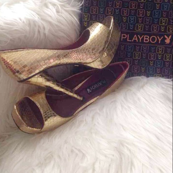 Playboy Shoes - REDUCED Playboy Peep Toe Gold Heels Authentic Red