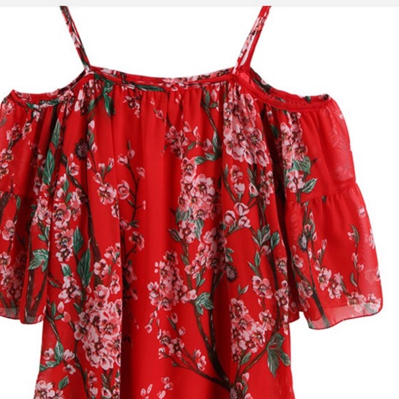 Red Floral Off-Shoulder Chiffon Top/Mini Dress - Picture 3 of 4