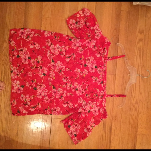 Red Floral Off-Shoulder Chiffon Top/Mini Dress - Picture 4 of 4