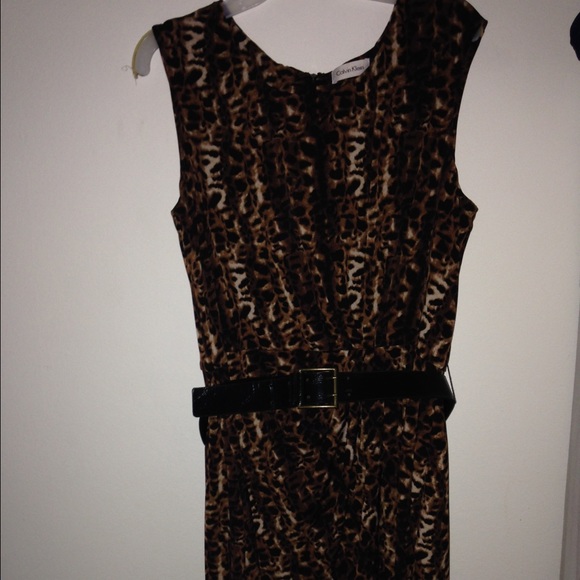 Brown animal print sleeveless dress with belt