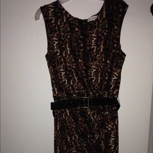 Brown animal print sleeveless dress with belt