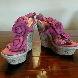 Pink floral wedge sandals