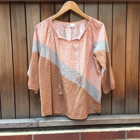 Ecru printed silk peasant shirt tassel details