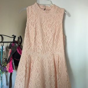 Sleeveless turtle neck lace flare dress