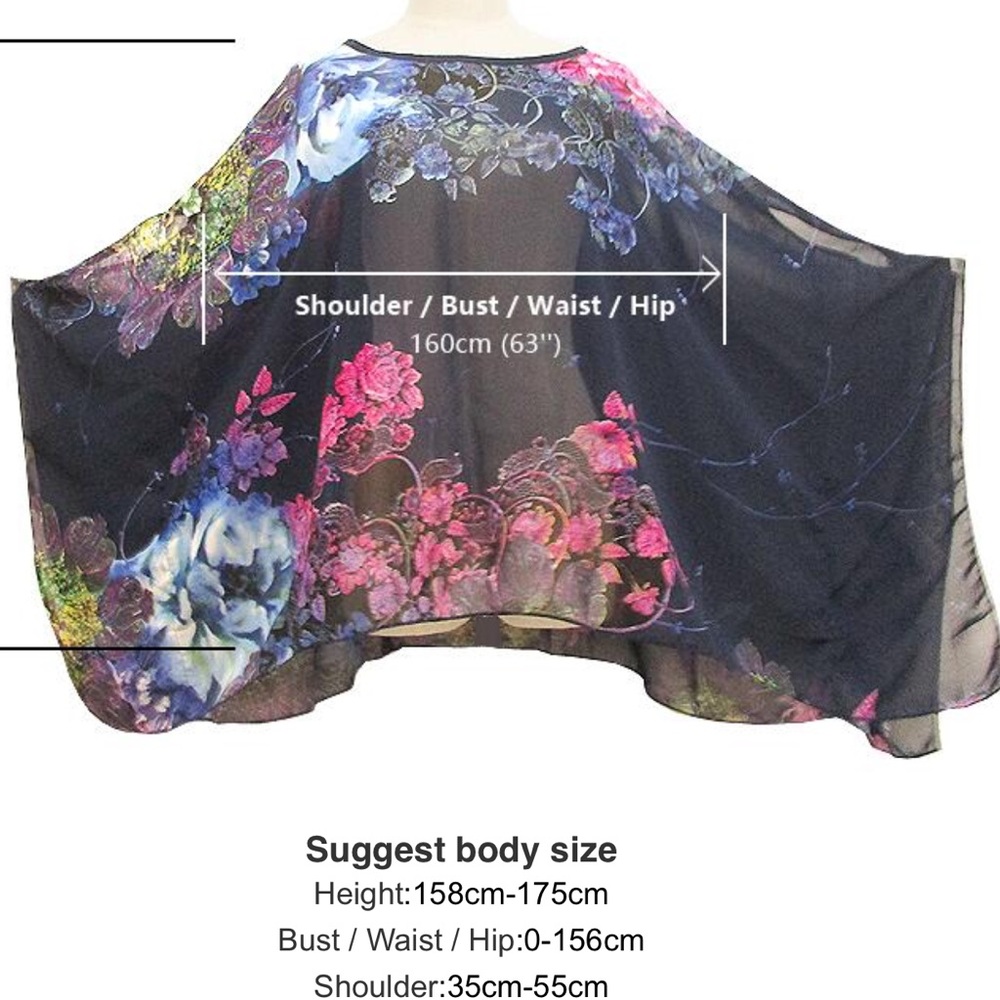 Navy Blue Floral Chiffon Batwing Sleeve Top - Picture 5 of 8