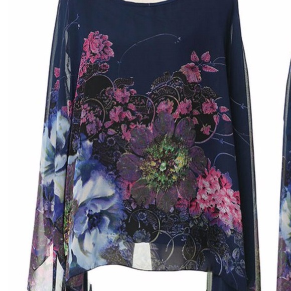 Navy Blue Floral Chiffon Batwing Sleeve Top - Picture 2 of 8