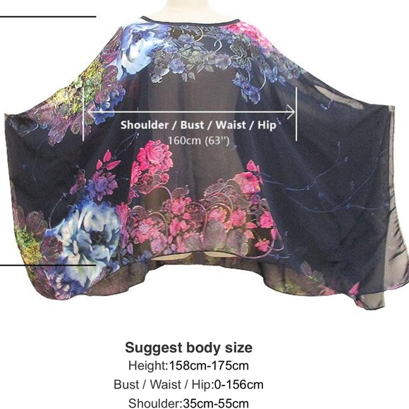 Navy Blue Floral Chiffon Batwing Sleeve Top - Picture 5 of 8