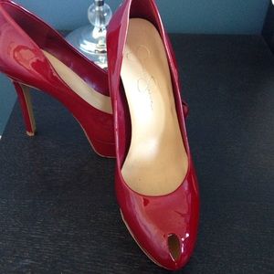 Jessica Simpson patent red peep toe pumps