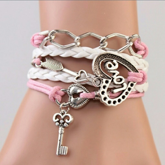 Pink,white and silver see heart love bracelet