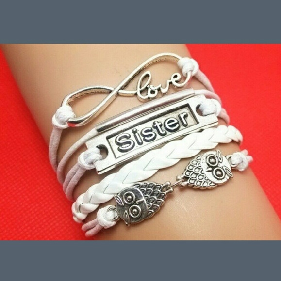 White and silver, sister, love infinity bracelet