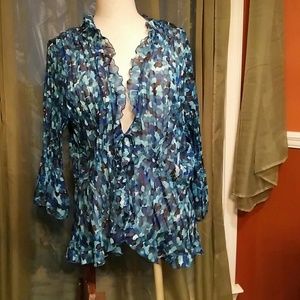 Notations 2X tie front Blouse Blue Crimpled
