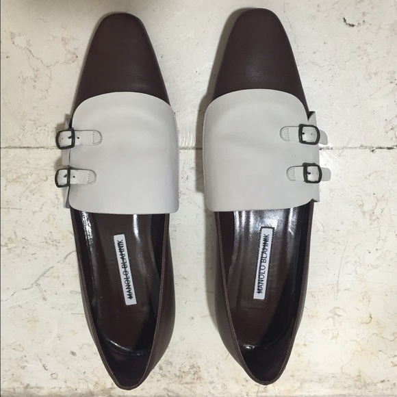 Manolo Blahnik Brown and White Leather Loafers