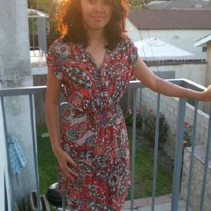 CAbi flowy red print wrap dress