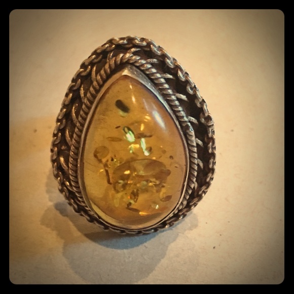 Large Genuine Amber & Sterling Silver Ring-7 & 7.5