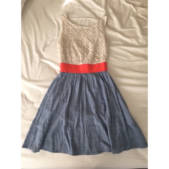 Coral, cream, and denim dress