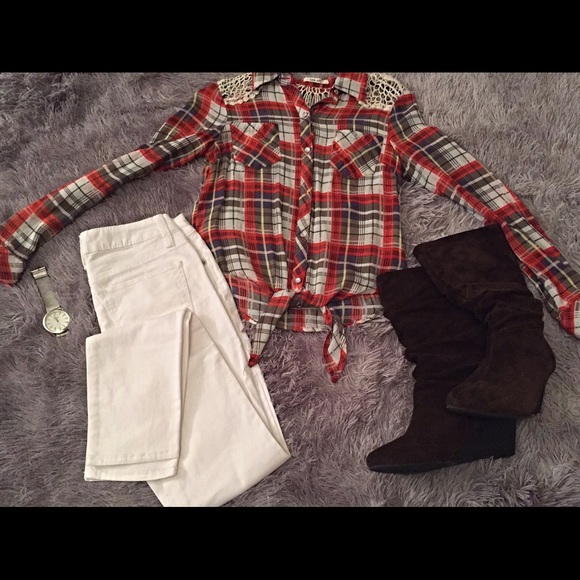 Flannel with crochet shoulders.