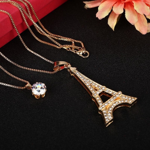 Double Layer Crystal Eiffel Tower Necklace - Picture 3 of 4