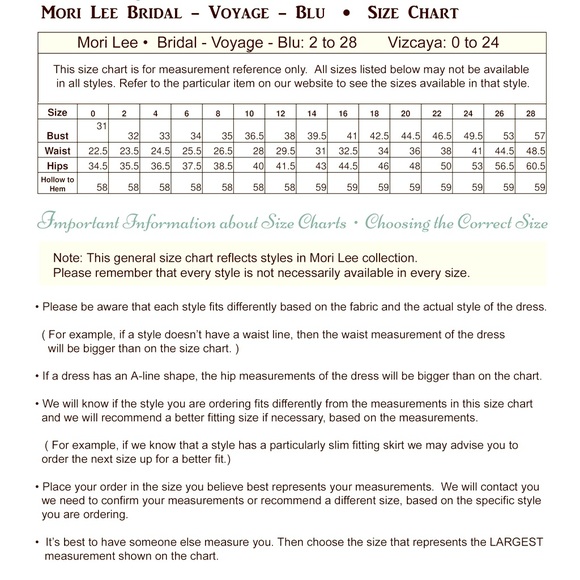 Bridal Size Chart