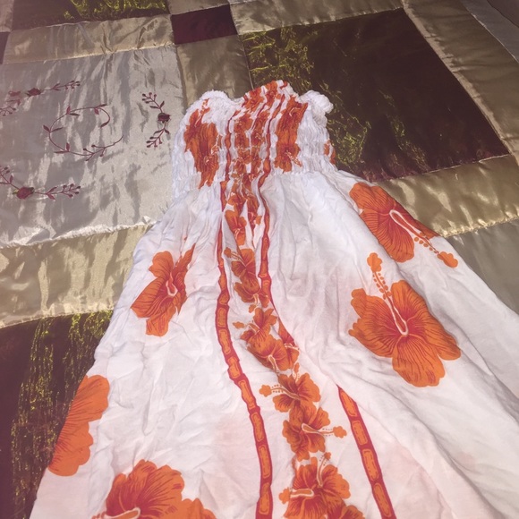 Orange an white strapless summer floral dress