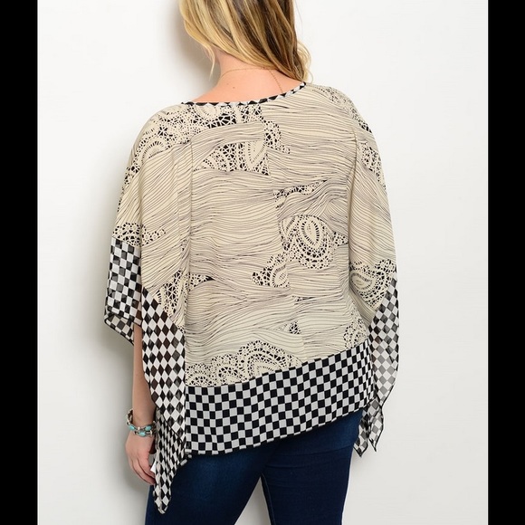 BLACK & BEIGE BOHO PONCHO CAFTAN STYLE BLOUSE - Picture 2 of 2