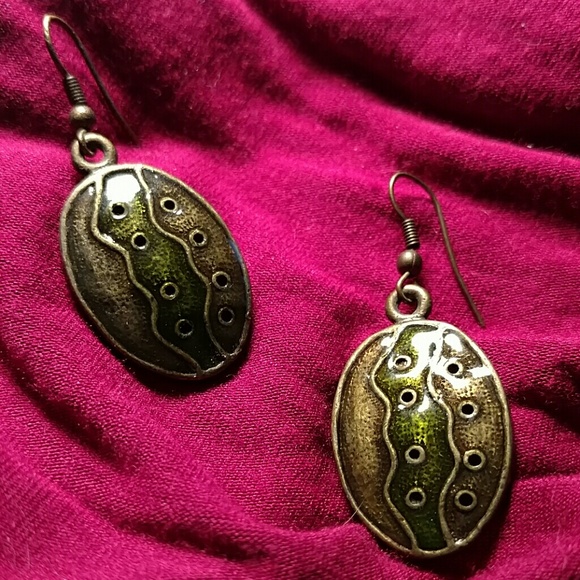 Olive Green Enamel Dangle Earrings - Picture 2 of 3