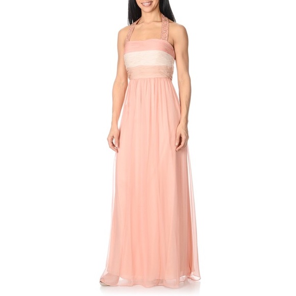Peach Beaded Strap Halter Gown
