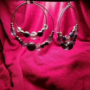 Mixed Blue Bead Circular Hoop Dangle Earrings