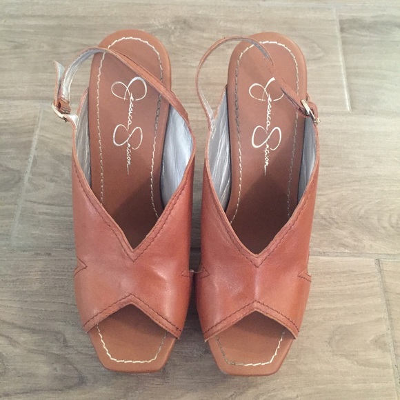 Jessica Simpson Wedges in Tan with Wooden Heels