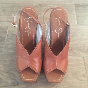 Jessica Simpson Wedges in Tan with Wooden Heels