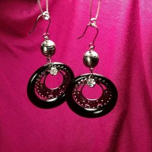 Black and Silver Hoop Dangle Earrings