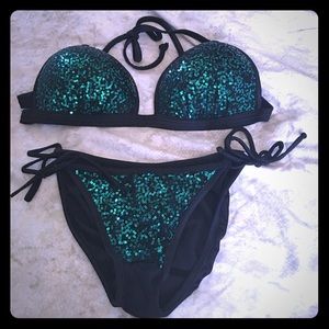 Venus Black and Green Sequin Bikini