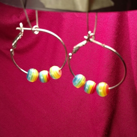 Silver Hoops with Trio of Rainbow Beads