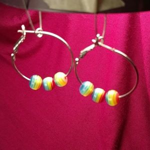 Silver Hoops with Trio of Rainbow Beads