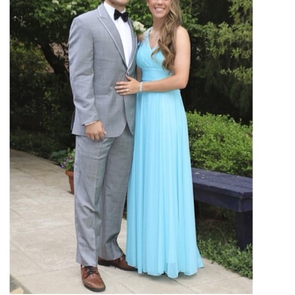 blue, one shouldered, open back prom dress