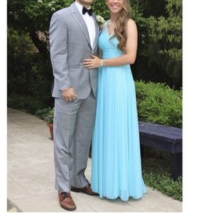 blue, one shouldered, open back prom dress