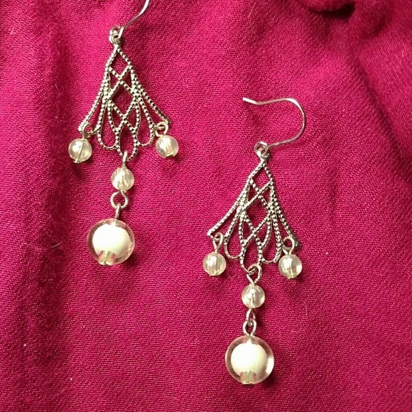 Iridescent Green Bead Silver Dangle Earrings
