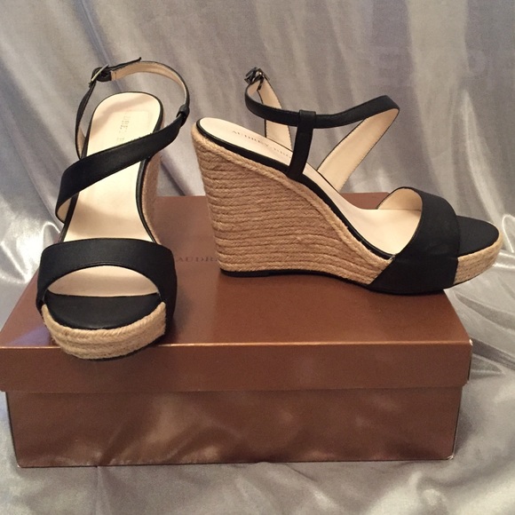 Black leather strappy wedges with braided heel - Picture 1 of 4