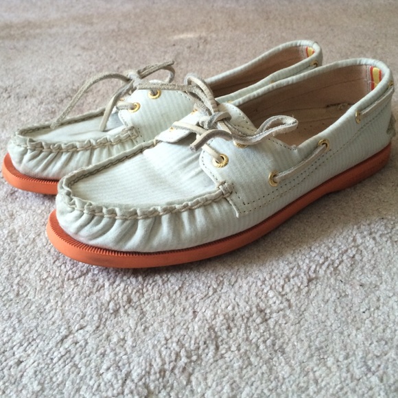 Blue striped sperry top siders with orange soles!